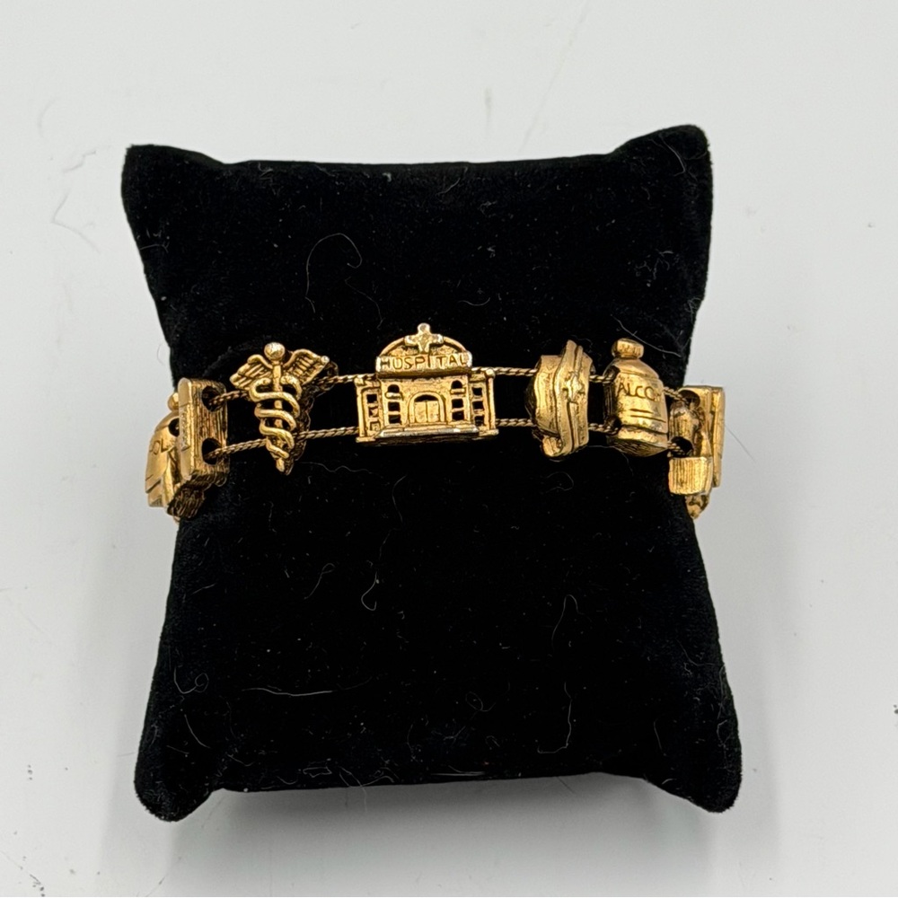 Vintage TOFA Nurse/Medical Slide Charm Bracelet Gold Tone 7 1/2" #125 1990’s